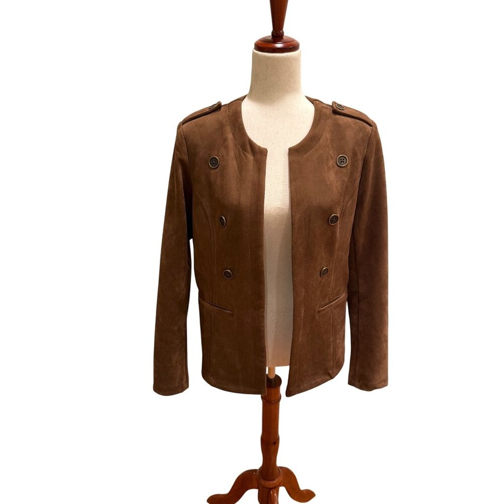 Tahari Womens Brown Faux Suede Open Front Military Jacket Size 12 Epaulette